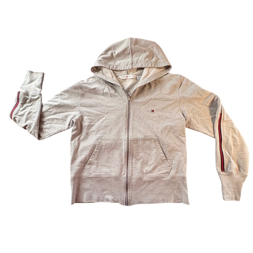 Tommy Hilfiger Full Zip Hoodie Womens L Gray Good Striped Sleeve Logo Sweatshirt